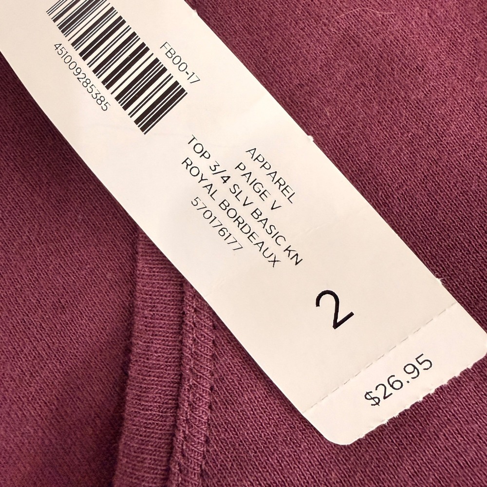NEW Chico's Paige V Top Women 2/Large Basic Royal Bordeaux 3/4 Sleeve Cotton - Picture 5 of 9
